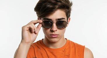 Young man poses confidently in sunglasses against a white background photo