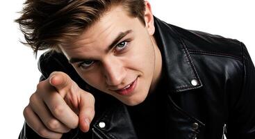 Young man in leather jacket pointing at camera with confident expression photo