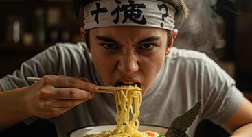 Young man intensely enjoys a steaming bowl of ramen with chopsticks photo