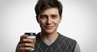 Young man smiling and holding coffee cup against white background photo