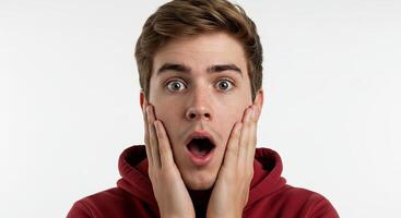 Young man with shocked expression holding face in amazement or surprise photo