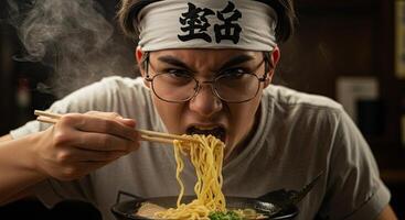 Young man with headband intensely eats hot ramen noodles with chopsticks photo