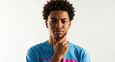 Young thoughtful African American man contemplates a complex problem photo