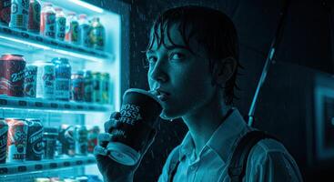 Young person drinking coffee in rain by vending machine at night photo