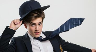 Young student in school uniform with unbuttoned shirt and baseball cap photo