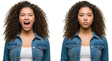 Young woman displaying anger and sadness in a side by side portrait photo