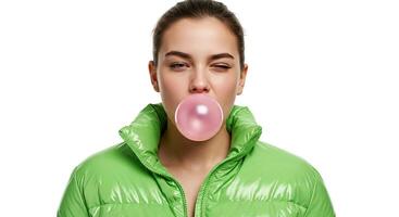 Young woman in green puffer jacket blowing bubblegum with a playful wink photo
