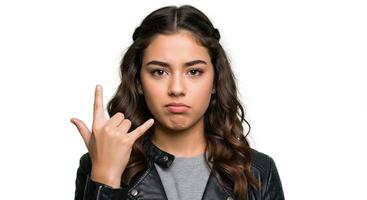 Young woman in leather jacket makes rock and roll hand gesture photo