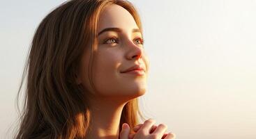 Young woman looking up in hope with peaceful expression and clasped hands photo