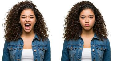 Young woman showing contrasting emotions anger and sadness on white background photo