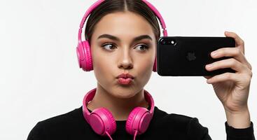 Young woman taking selfie with smartphone wearing pink headphones indoors photo