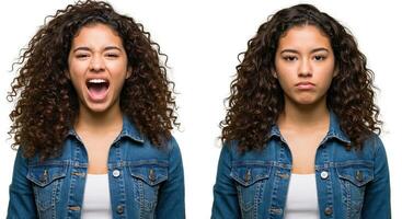 Young woman showcasing anger and sadness with contrasting expressions photo