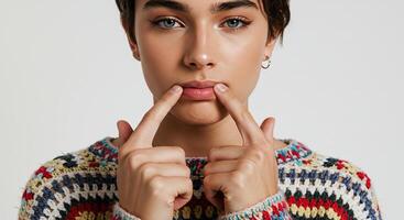 Young woman with fingers on lips expressing silence and secret gesture photo
