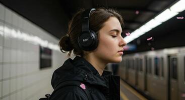 Young woman with headphones relaxing at subway station with petals photo