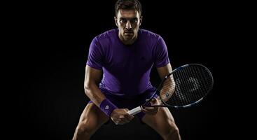 Focused tennis player in action pose with racket on a black background photo