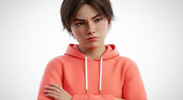 Young woman with skeptical expression wearing a peach hoodie posing indoors photo