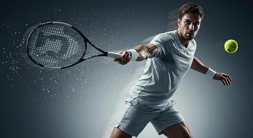 Focused tennis player hitting the ball with powerful forehand stroke action photo