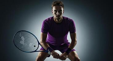 Focused tennis player ready to serve with intense gaze and powerful stance photo