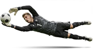 Goalkeeper making a diving save during a soccer match against a white background photo