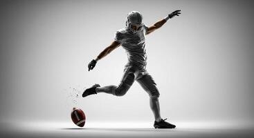 Football player kicking the ball in a dynamic action shot against a bright backdrop photo
