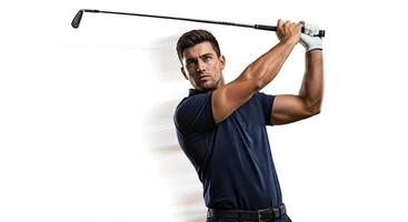 Handsome man golfer swinging golf club during game on white background photo