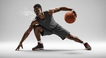 Intense African American basketball player dribbling ball in action pose photo