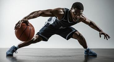 Intense African American basketball player dribbling ball in dynamic pose photo