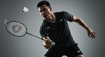 Intense badminton player smashes shuttlecock with fierce determination action photo