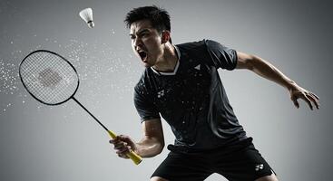 Intense badminton player smashing shuttlecock in action shot studio image photo