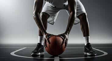 Intense basketball player holding ball on court ready for action shot photo