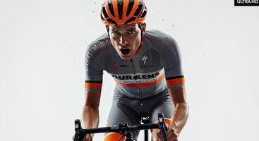 Intense Cyclist Racing With Determination and Focus on a Bright Background photo