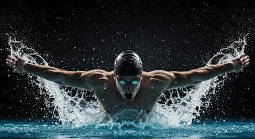 Intense butterfly swimmer powerfully emerges from water with determination photo