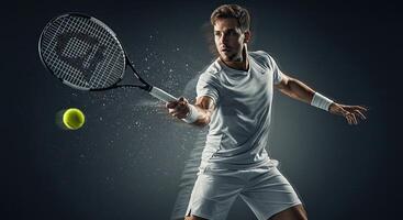 Intense male tennis player in action hitting forehand with speed motion photo