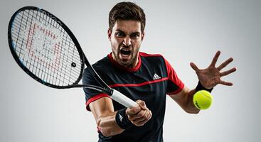 Intense male tennis player swinging racket with aggressive expression photo