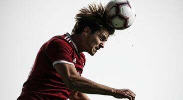 Intense soccer player heading a ball with determination and focus against white background. photo