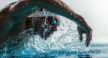 Intense swimmer in action with water splashing around during the swim photo