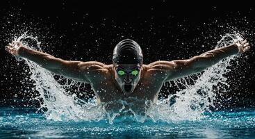 Intense swimmer powerfully performing butterfly stroke in competition pool photo