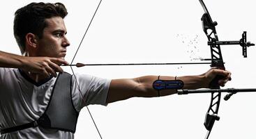 Male archer aiming with bow and arrow in a sports competition setting photo