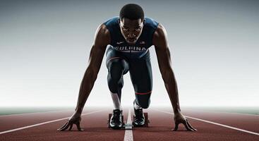 Male athlete in starting block prepares for sprint on running track photo