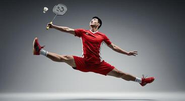 Male badminton player in mid air split shot with racket and shuttlecock photo