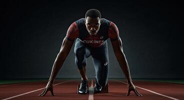 Male athlete in starting blocks poised to sprint on running track photo