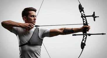 Man aiming arrow with bow and arrow ready to shoot in studio shot photo