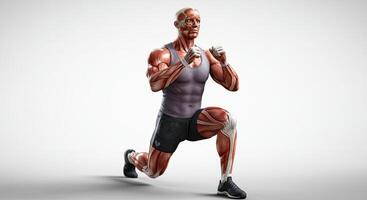 Man demonstrates anatomical lunges for fitness showcasing muscles and bones photo
