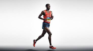 Marathon runner in action with dynamic movement on a neutral backdrop photo