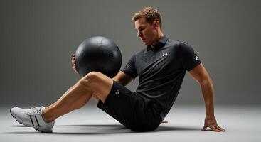 Man training with a medicine ball in a studio for fitness and wellness photo