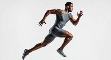 Muscular African American athlete sprints in a dynamic action shot studio photo