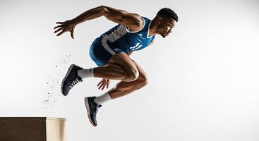 Muscular african american athlete jumping from box in dynamic action shot photo
