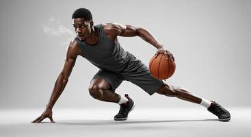 Muscular African American basketball player dribbling with power and focus photo
