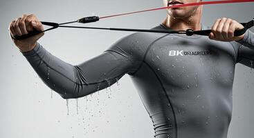 Muscular athletic man exercising with resistance bands in fitness studio photo