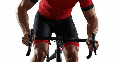 Muscular cyclist gripping handlebars in red and black sportswear photo